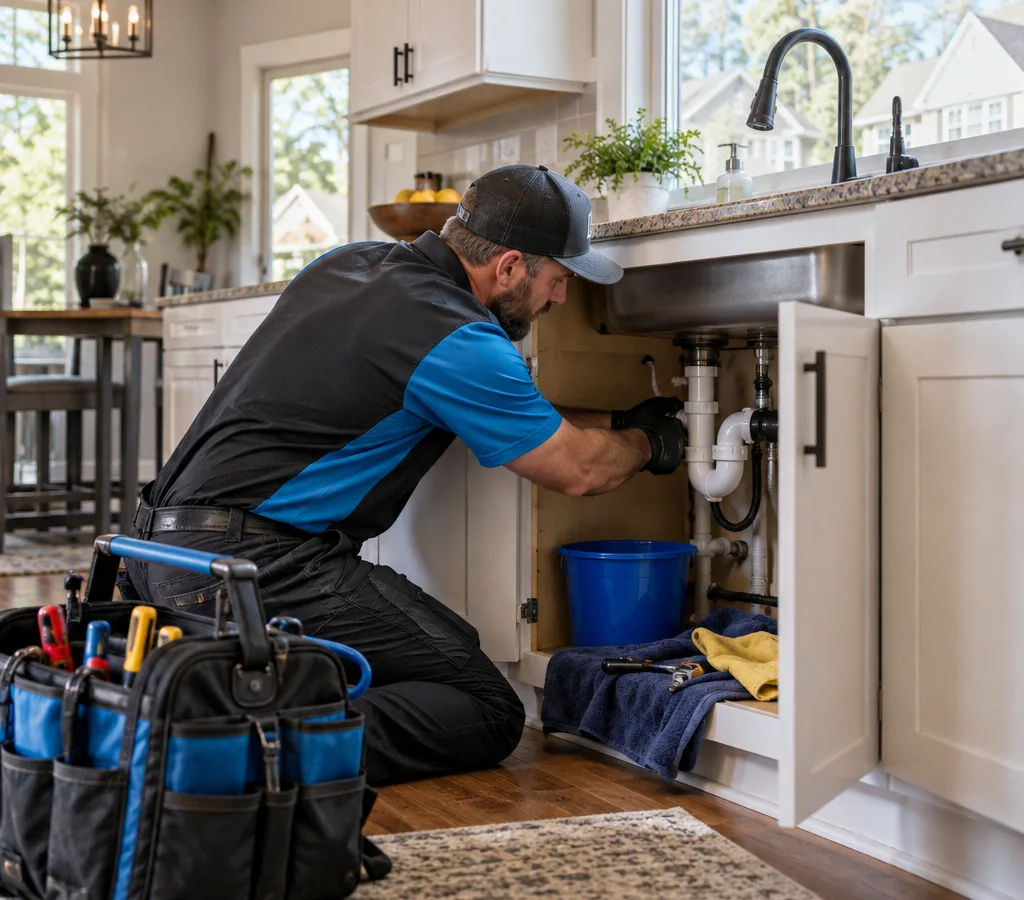 Licensed plumber working beneath a residential kitchen sink in Dacula with tools neatly staged and protective towels in place