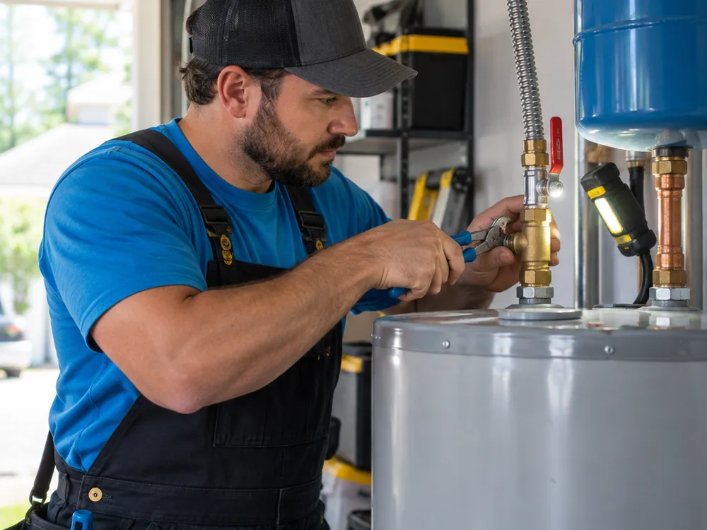 Plumber inspecting a water heater connection, shutoff valve, and supply lines with a compact light and hand tools