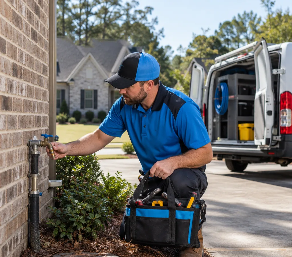 Licensed plumber inspecting a residential water shutoff beside a service van at a Dacula home