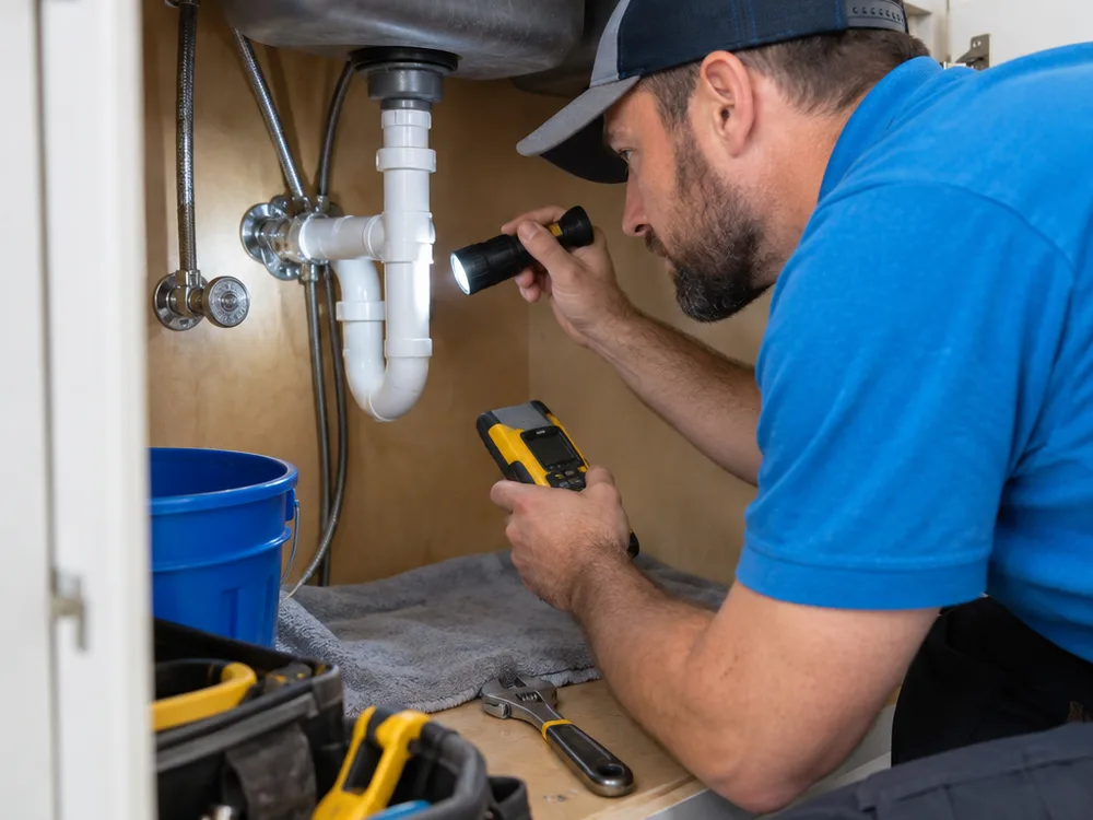 Plumber using a flashlight and moisture meter to diagnose a leak beneath a kitchen sink