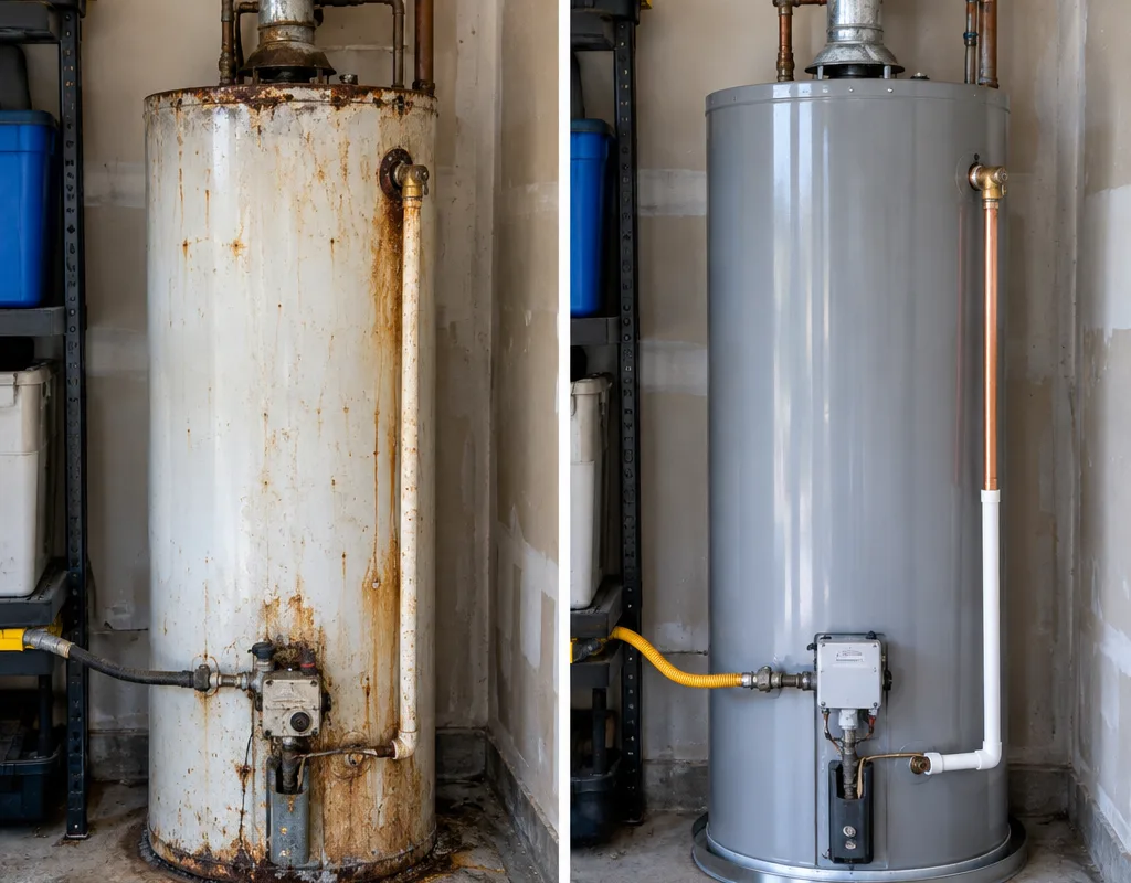 Old corroded water heater beside its clean replacement with an updated shutoff valve and relief discharge pipe