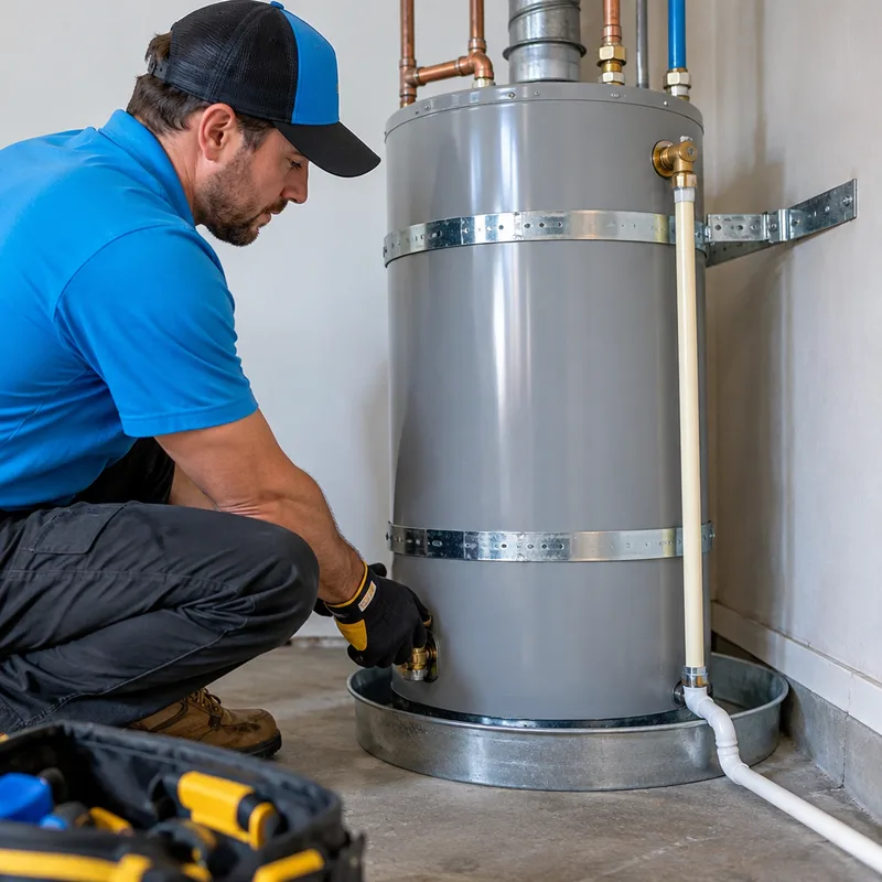Clean water heater installation with a secured tank, drain pan, drain routing, and aligned water connections