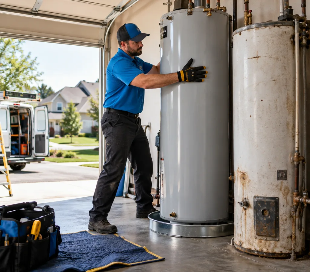 Plumber positioning a new tank water heater on a drain pan in a residential Dacula garage