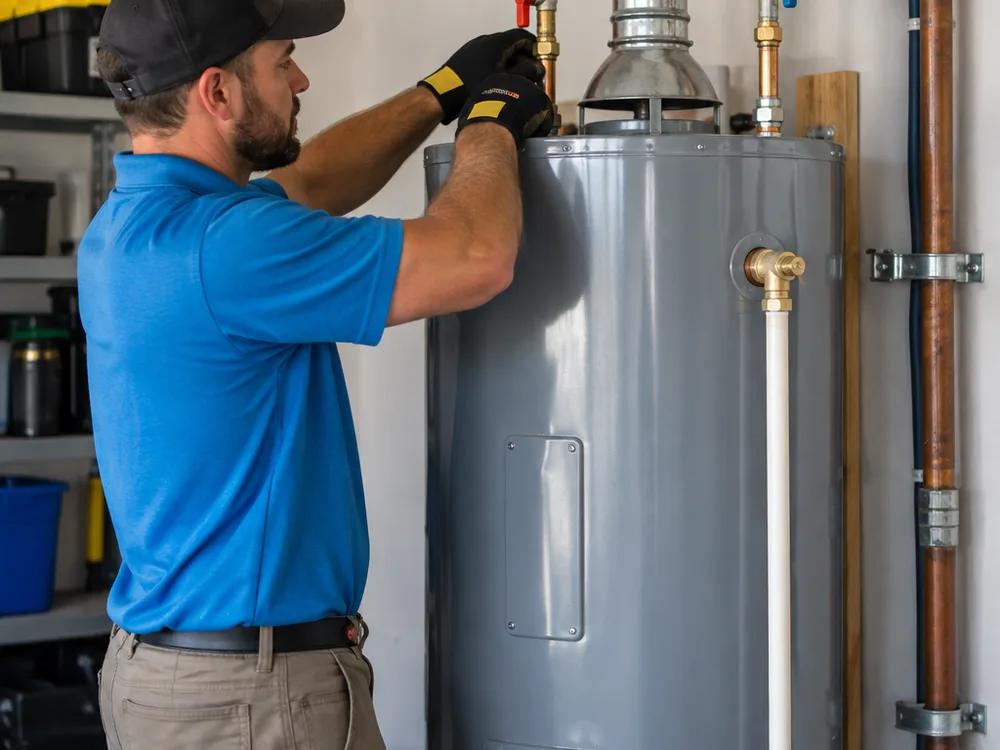 Newly installed water heater with correctly routed relief piping, labeled shutoff valves, and a neatly secured vent connection