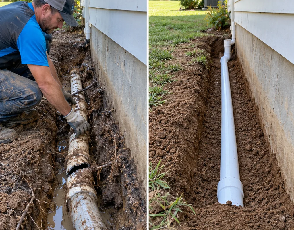 Before-and-after view showing a failing service line exposed near a foundation and the new line installed with clean backfill and tamped soil