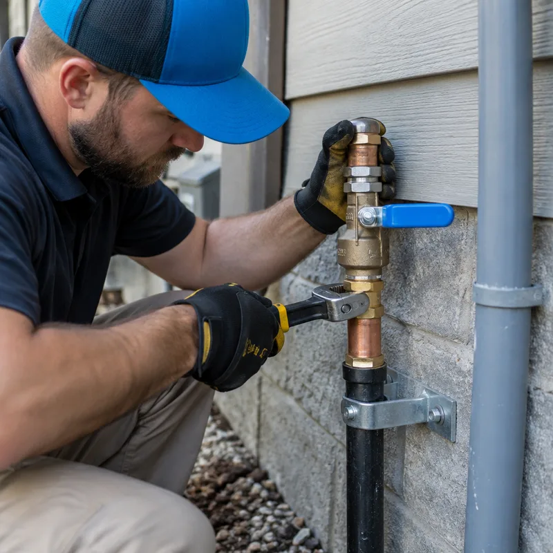 Close-up of a new main shutoff and connection at the house entry point with labeled fittings and proper support
