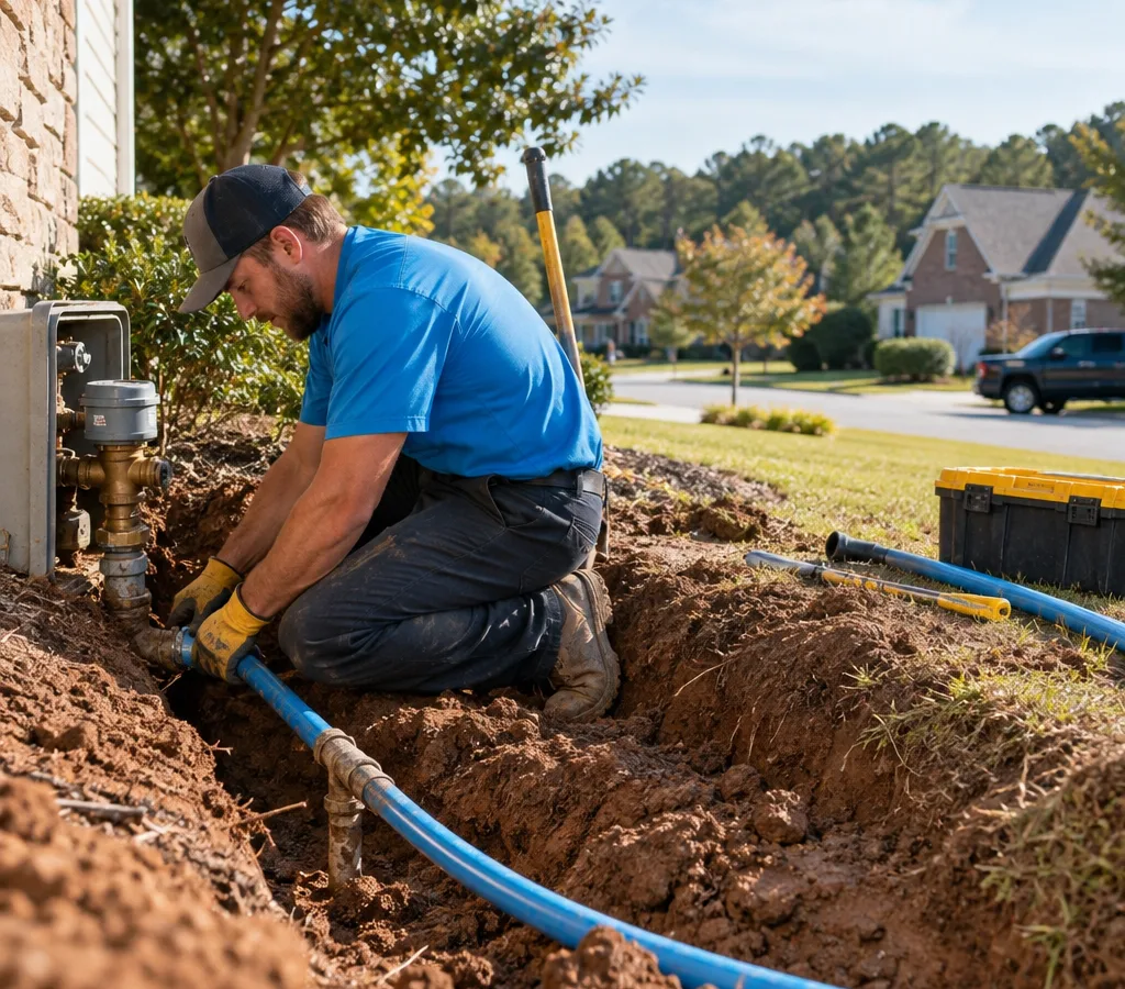 Plumber exposing a residential main water service line near the meter box and preparing a new replacement line in a suburban Dacula front yard