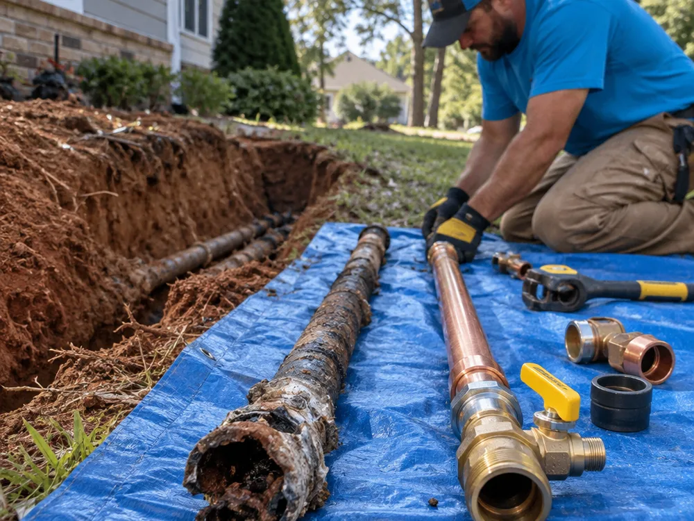 Old corroded service line beside a new approved replacement line and fittings laid on a clean tarp near an open trench