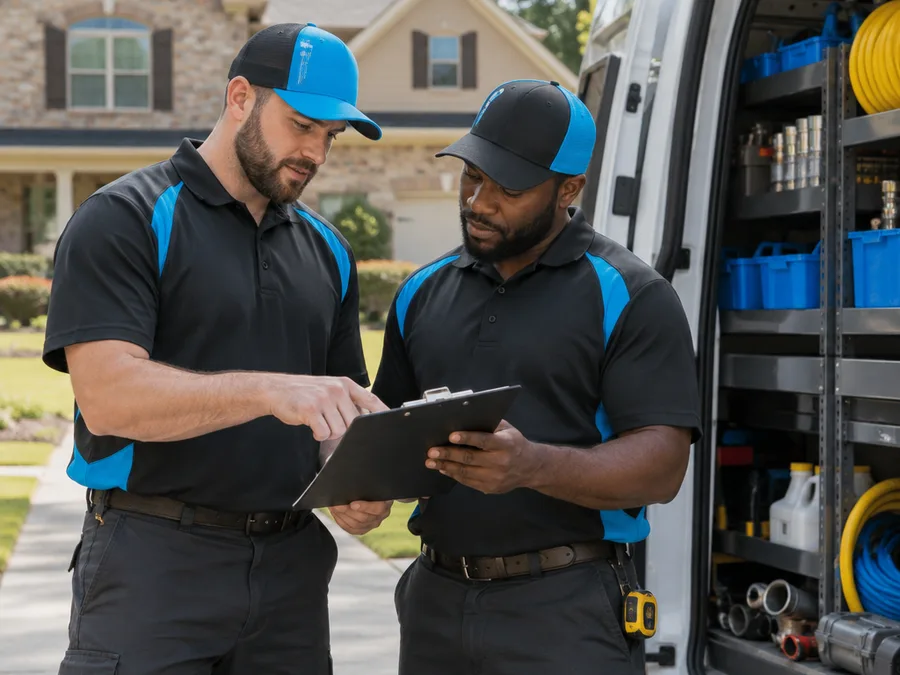 Two uniformed Plumbing Dacula team members reviewing a work order beside an organized service vehicle